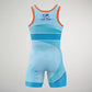 A light blue wrestling singlet featuring a stylish design with orange trim and graphical elements representing Team Rudis