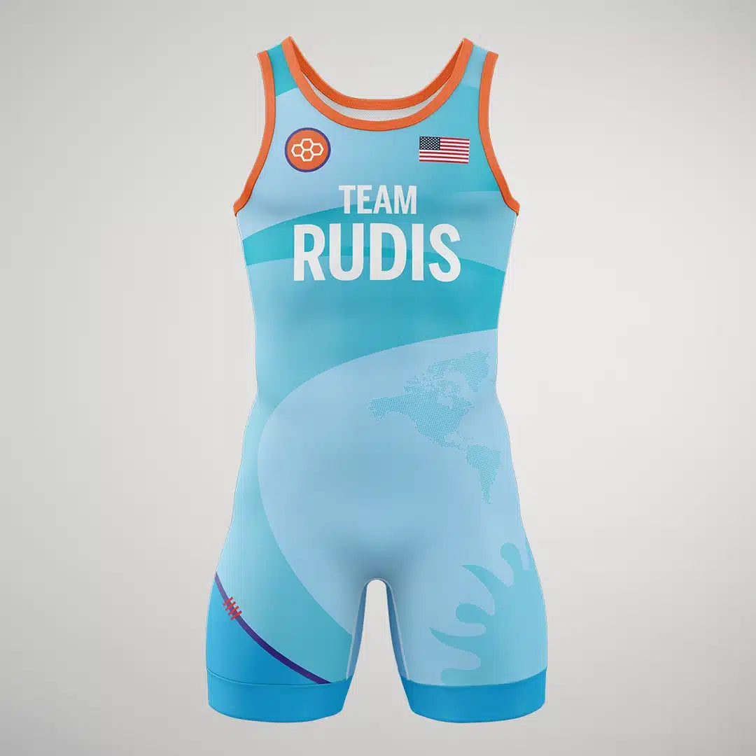 A blue wrestling singlet representing Team Rudis featuring the US flag and a modern design