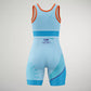 A blue and orange athletic one-piece suit designed for competitive sports featuring a sleek aerodynamic fit with a dynamic pattern