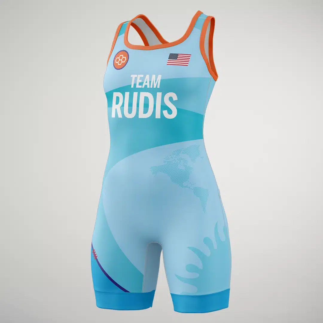 A light blue wrestling singlet featuring the text TEAM RUDIS and an American flag emblem designed for athletic performance