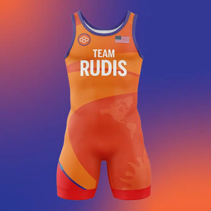 A vibrant wrestling singlet in orange tones with TEAM RUDIS displayed prominently and the US flag on the shoulder