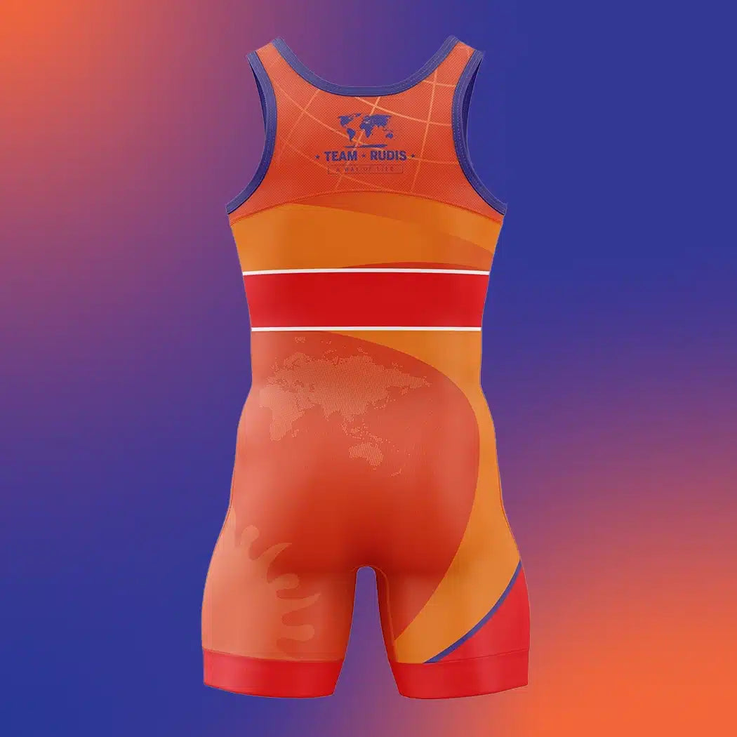A bright orange wrestling singlet featuring a blue team logo and red accents designed for competitive use