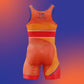 A bright orange wrestling singlet featuring a blue team logo and red accents designed for competitive use