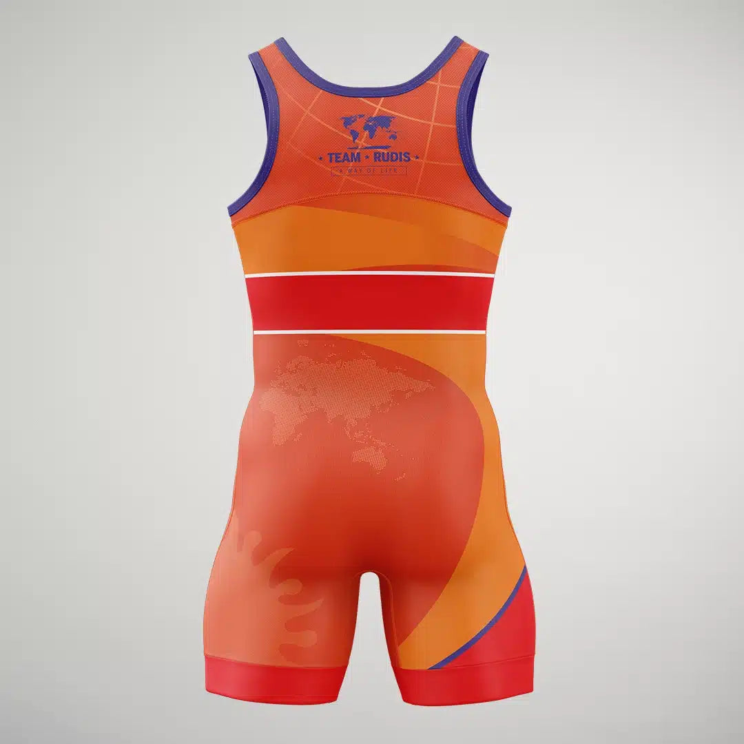 A vibrant wrestling singlet featuring bold orange and red colors with a stylized design and TEAM RUDIS logo