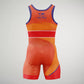 A vibrant wrestling singlet featuring bold orange and red colors with a stylized design and TEAM RUDIS logo