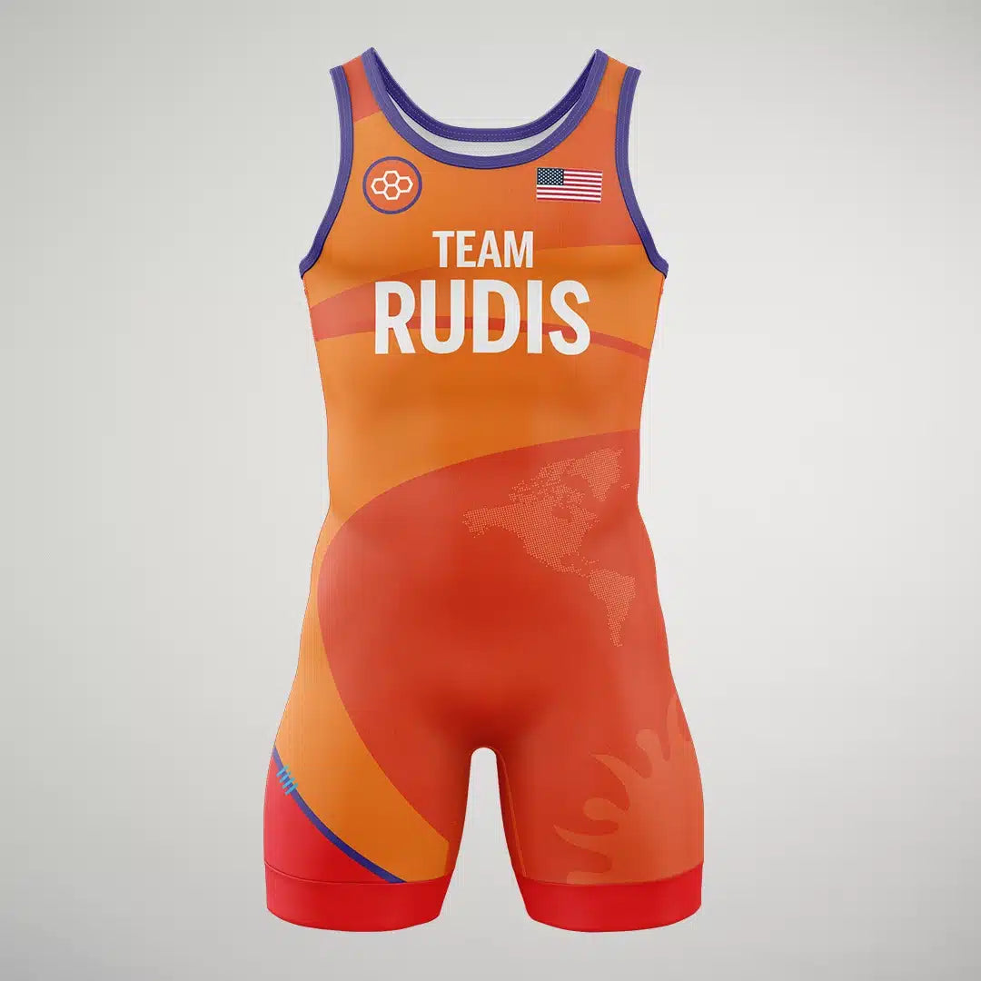 This is a vibrant orange wrestling singlet featuring TEAM RUDIS prominently displayed on the front designed for competitive athletes with a stylish modern aesthetic