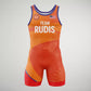 This is a vibrant orange wrestling singlet featuring TEAM RUDIS prominently displayed on the front designed for competitive athletes with a stylish modern aesthetic