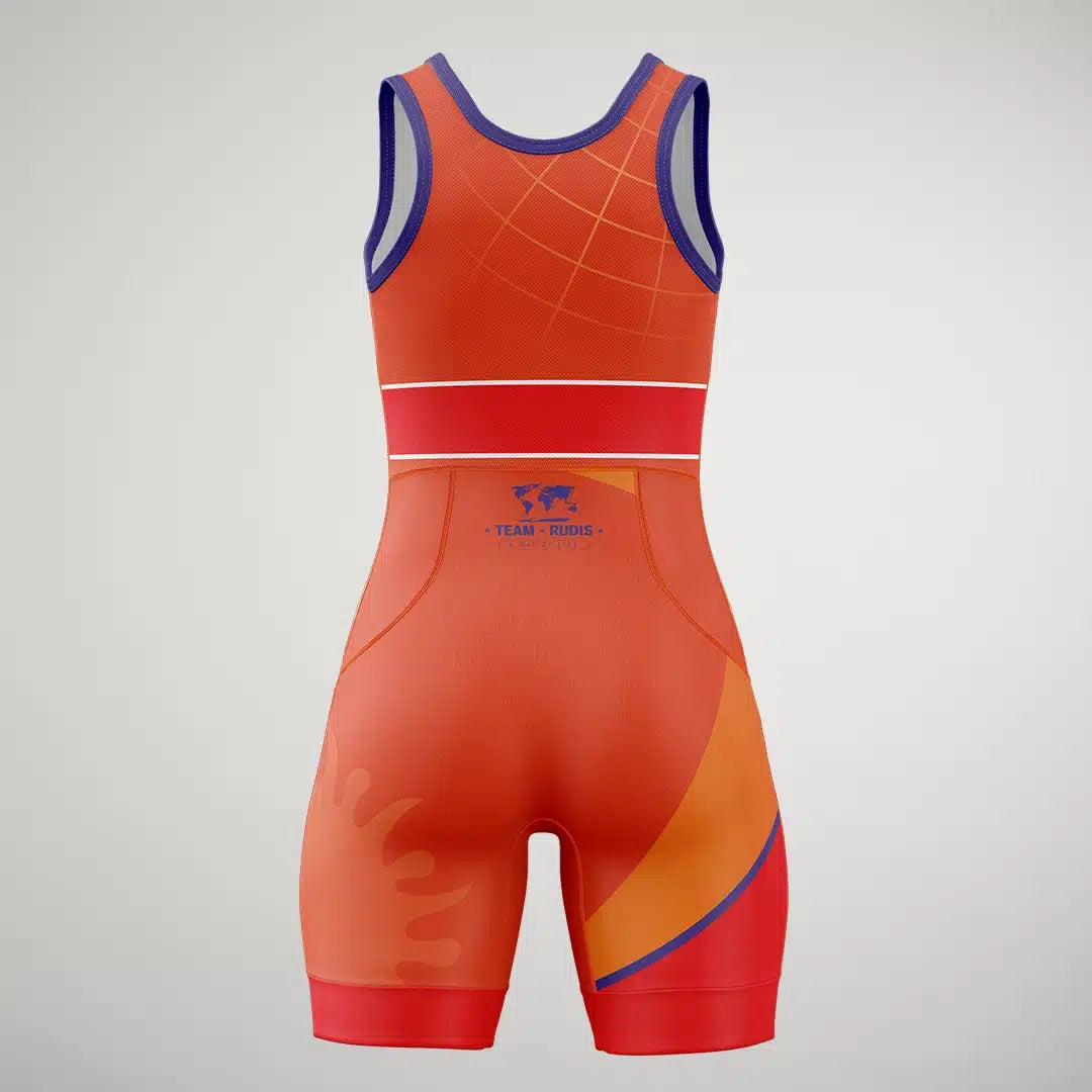 A bright orange athletic singlet with a modern design featuring a fitted style contrasting colors and the logo TEAM RUDIS displayed prominently on the back