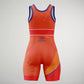 A bright orange athletic singlet with a modern design featuring a fitted style contrasting colors and the logo TEAM RUDIS displayed prominently on the back