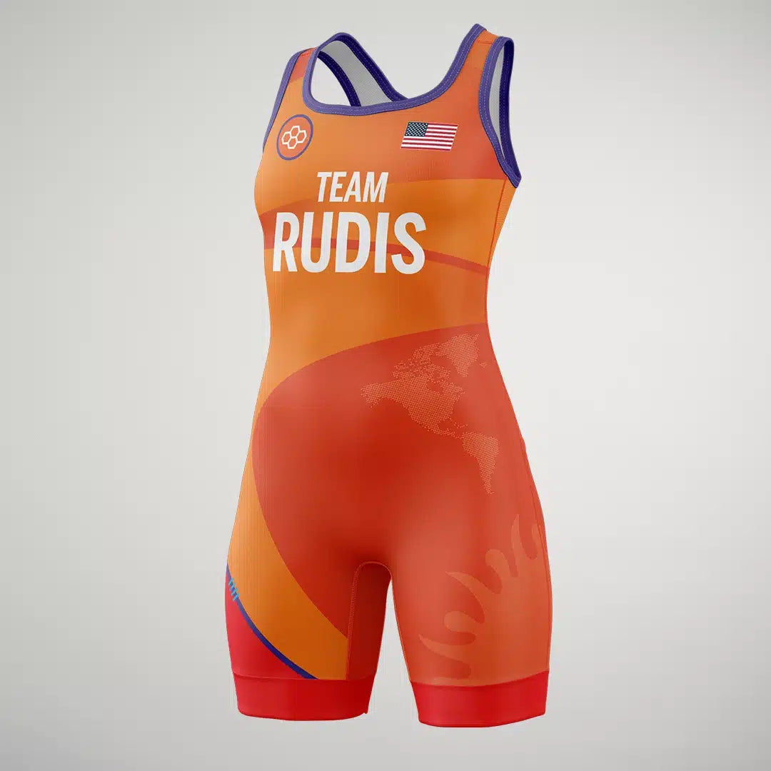A vibrant orange wrestling singlet featuring the text TEAM RUDIS and an American flag emblem