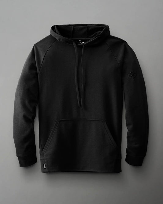 A black hoodie with a front pocket and adjustable drawstring hood is set against a gray background, combining comfort and minimalistic style.
