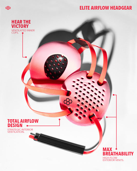 pink airflow headgear with features highlighted on a white background