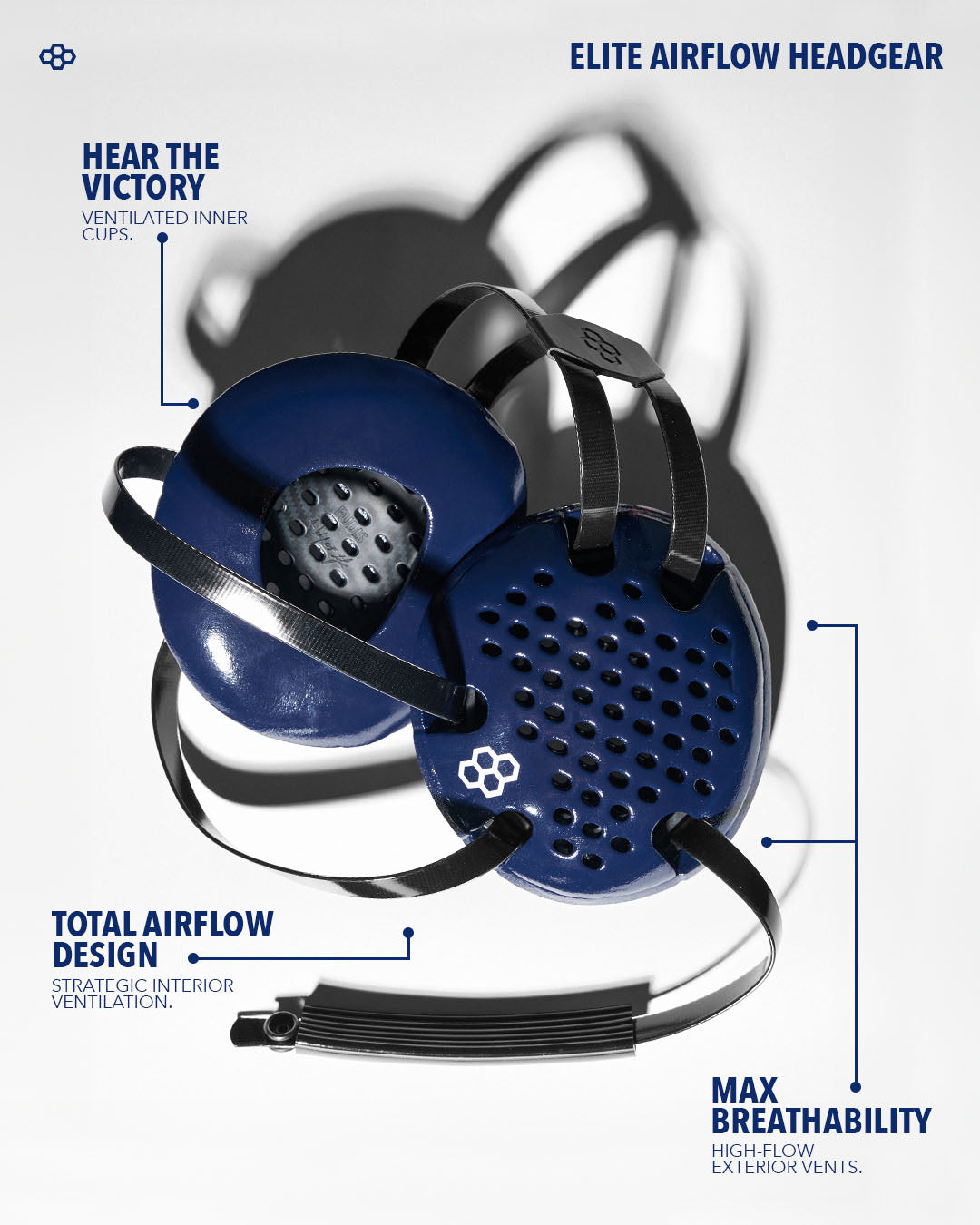 Elite airflow headgear with blue and black design on a white background