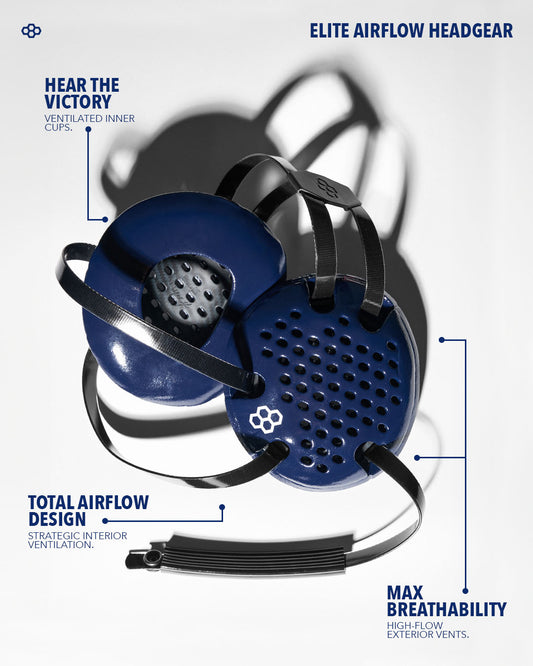 Elite airflow headgear with blue and black design on a white background