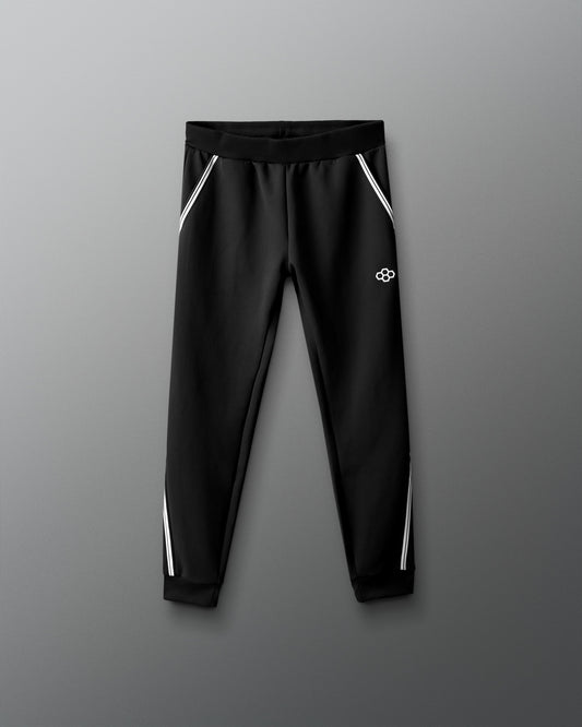 Black pants with white stripes on a gray background