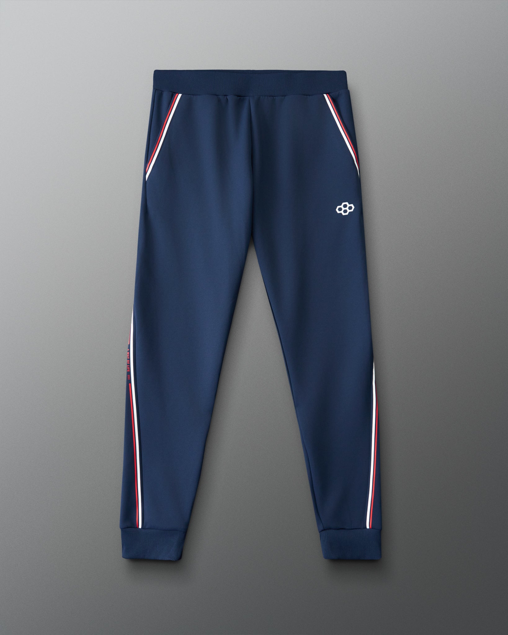Navy blue jogger pants with white and red stripes on a gray background
