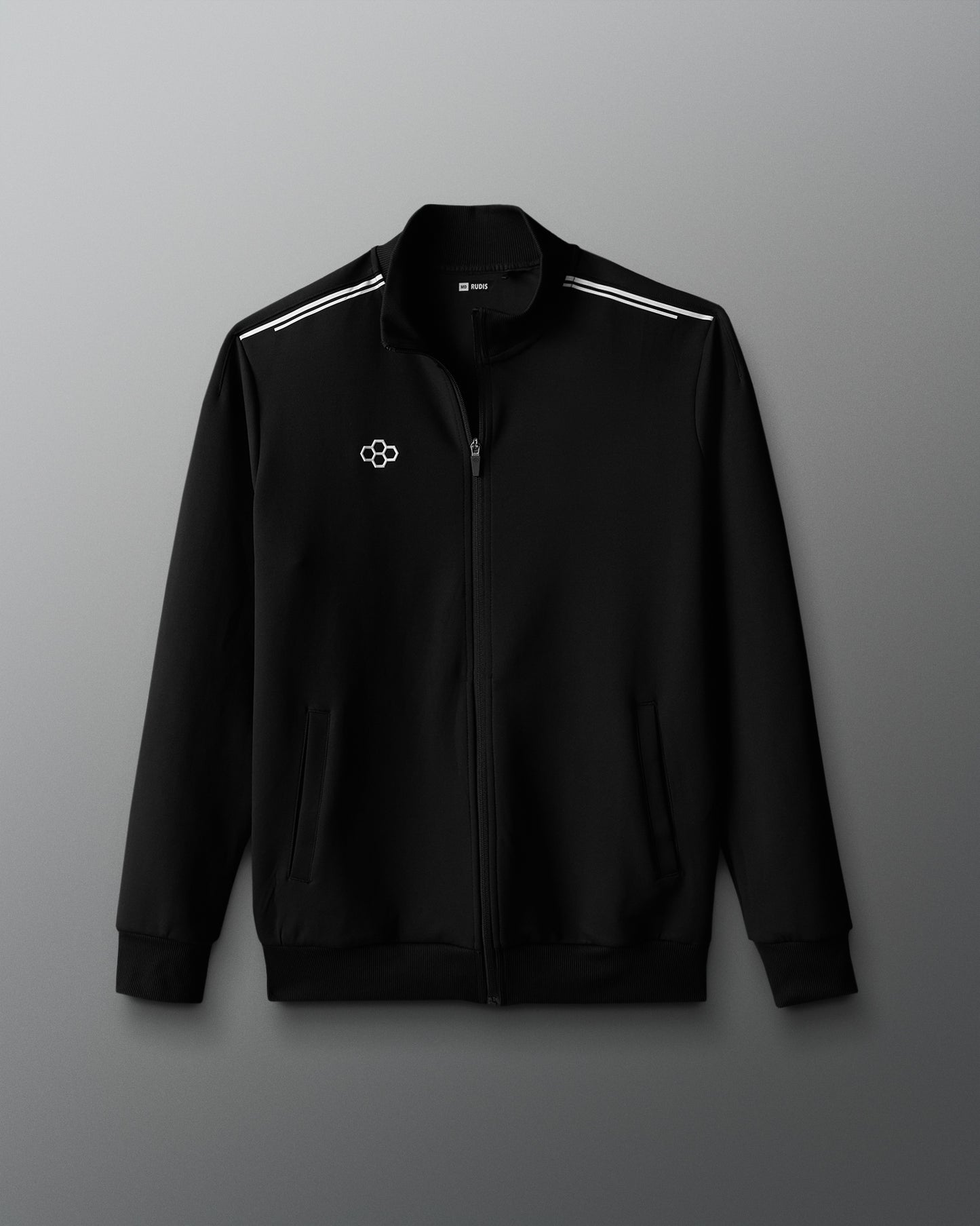 Black jacket with a logo on a gray background