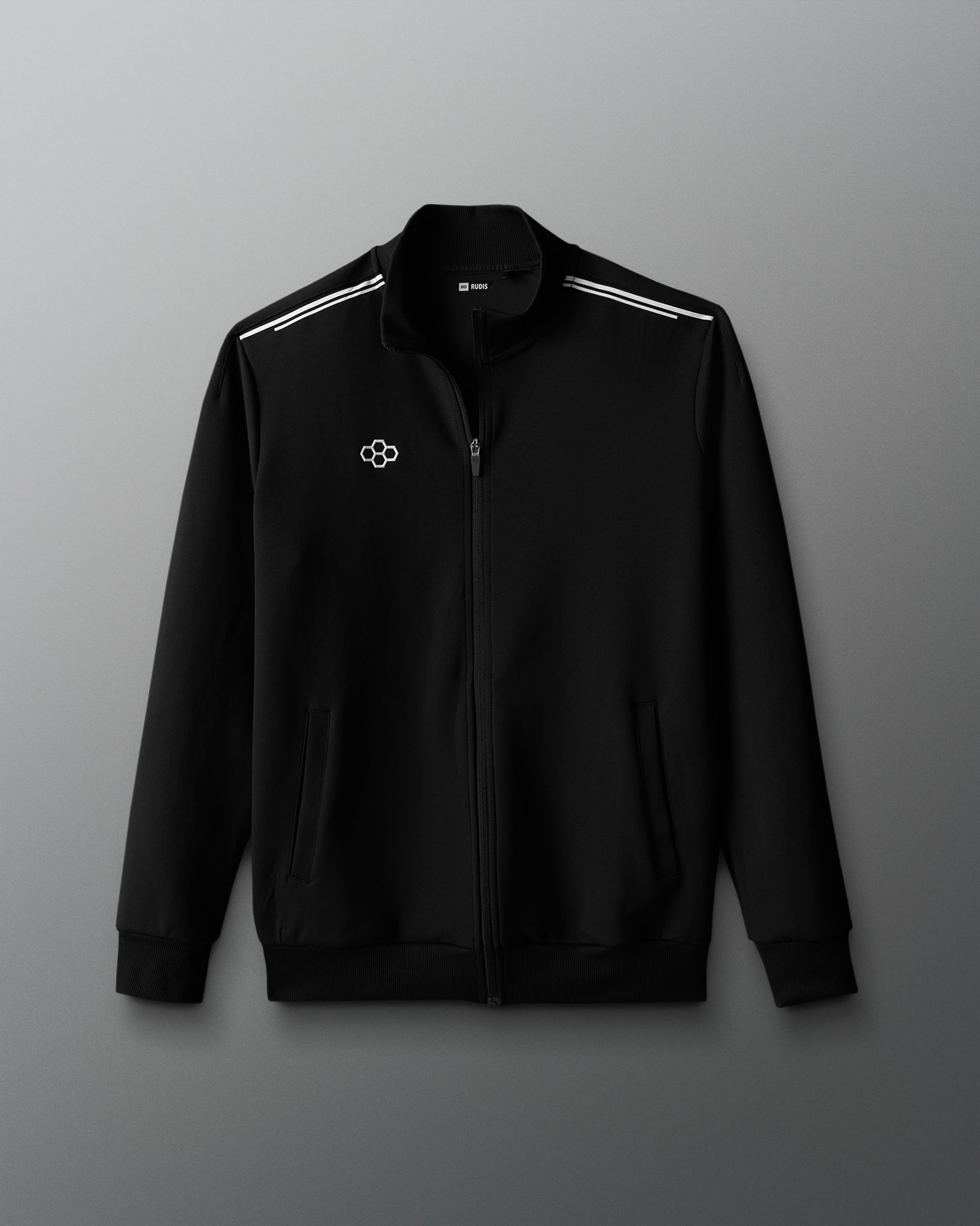 Black jacket with a logo on a gray background
