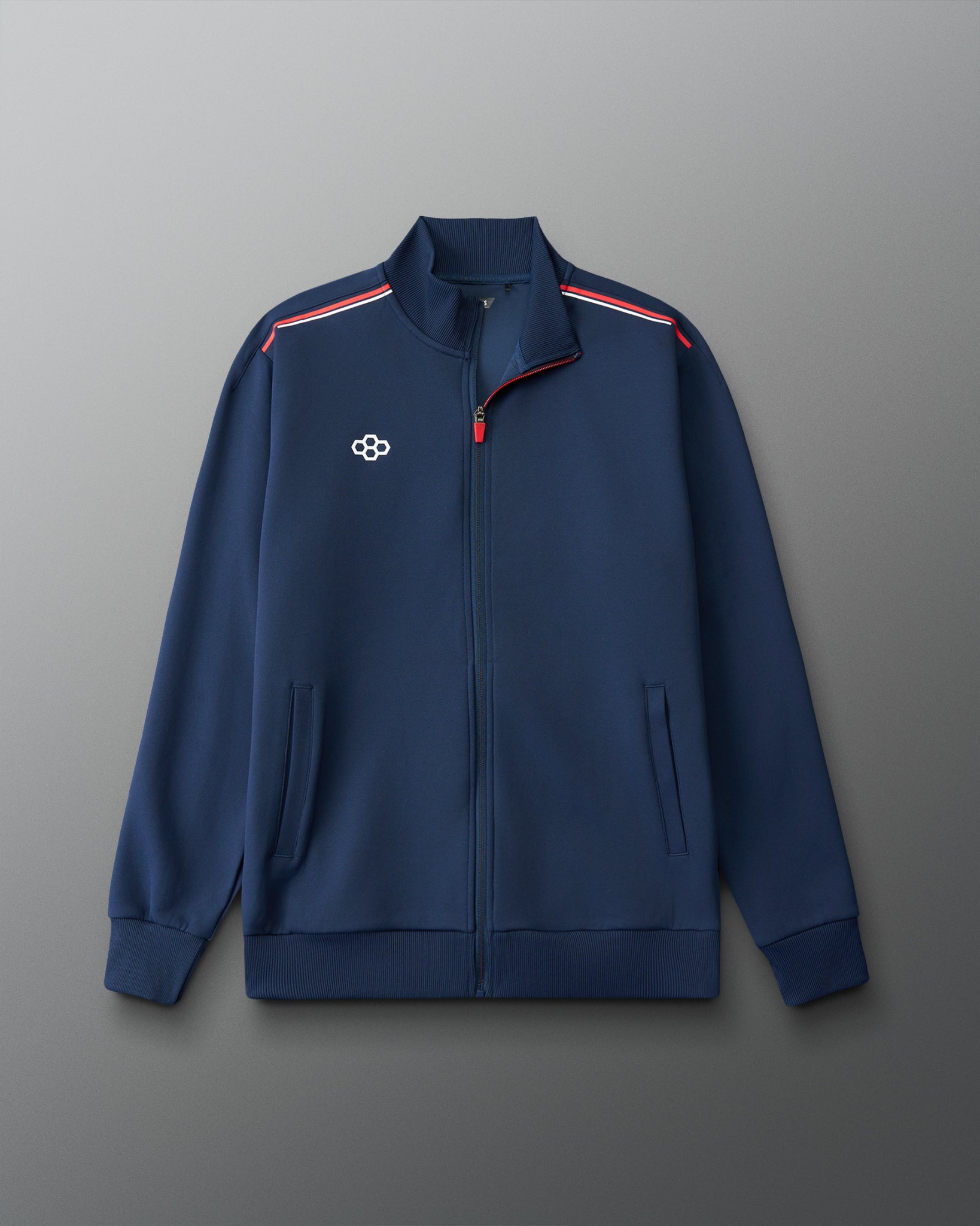 Blue jacket with a logo on a gray background