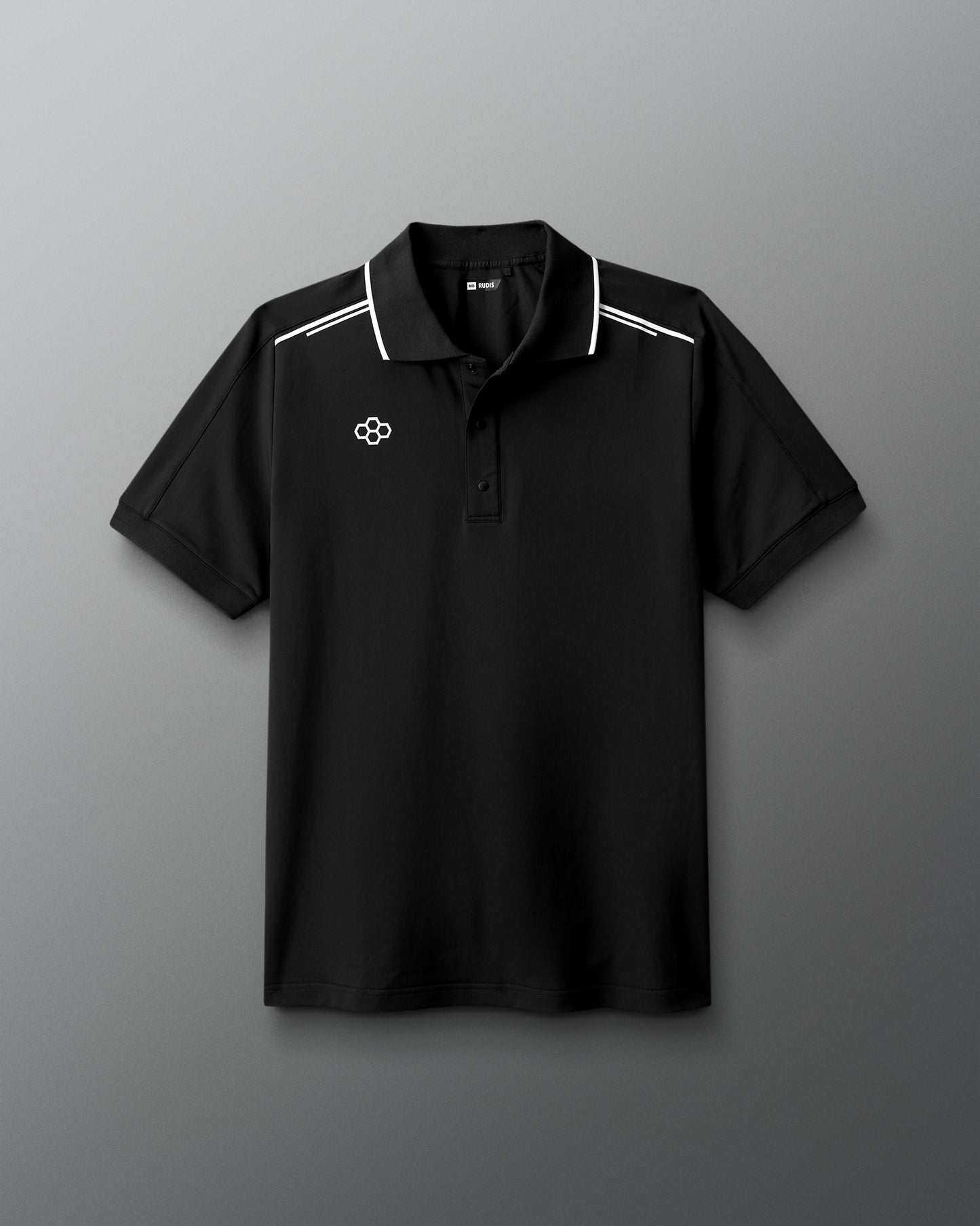 Black polo shirt with a logo on a gray background