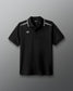 Black polo shirt with a logo on a gray background