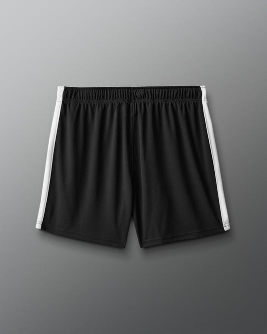 Black shorts with white stripes on a gray background