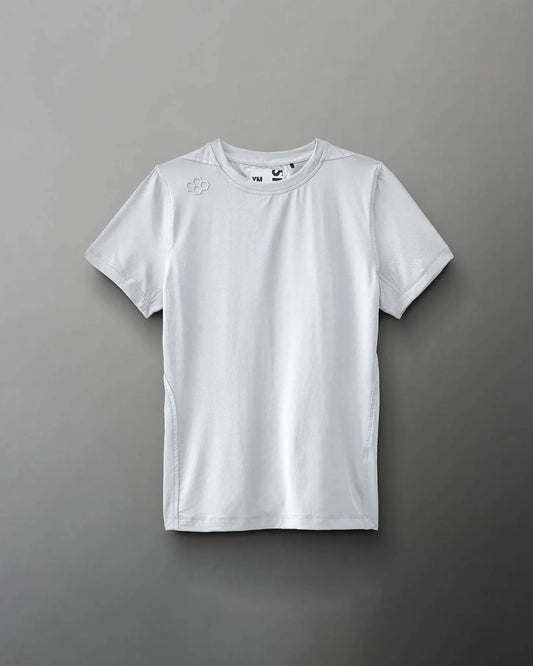 Light gray athletic t-shirt with short sleeves, a crew neck, and minimal design details, suitable for sports or casual use.
