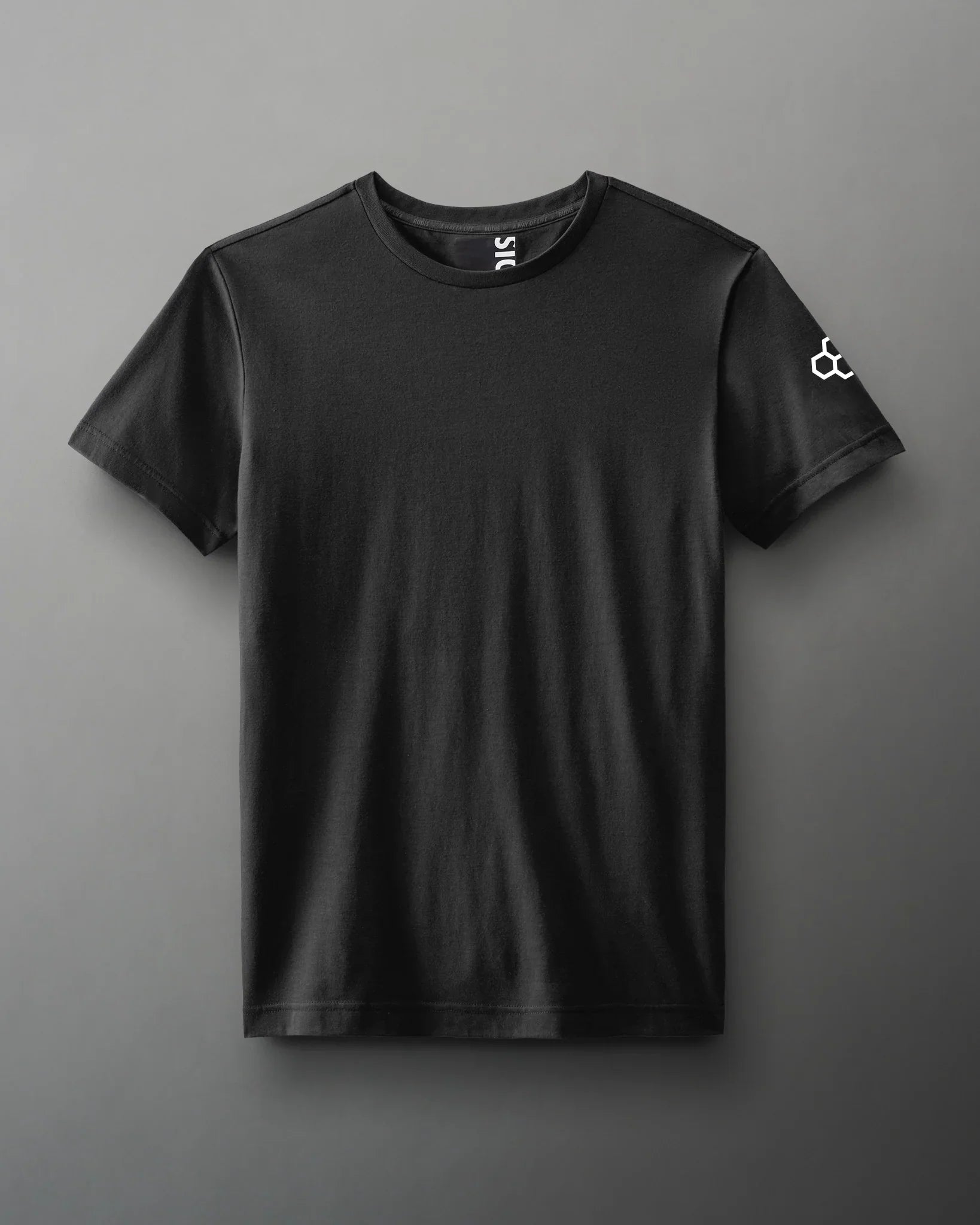 A simple black short-sleeve t-shirt with a crew neckline and a small white logo on the sleeve, set against a gray background.