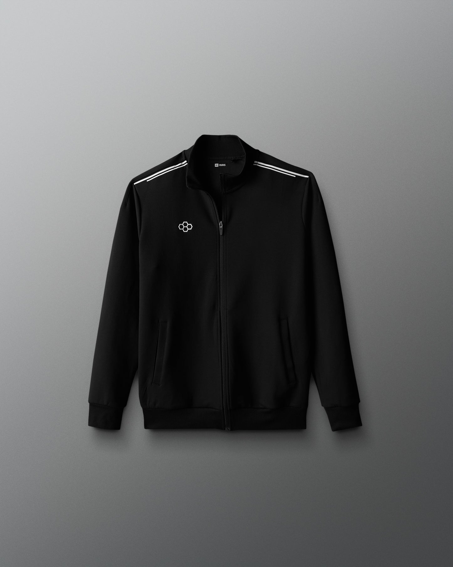 Black jacket with white stripes on a gray background