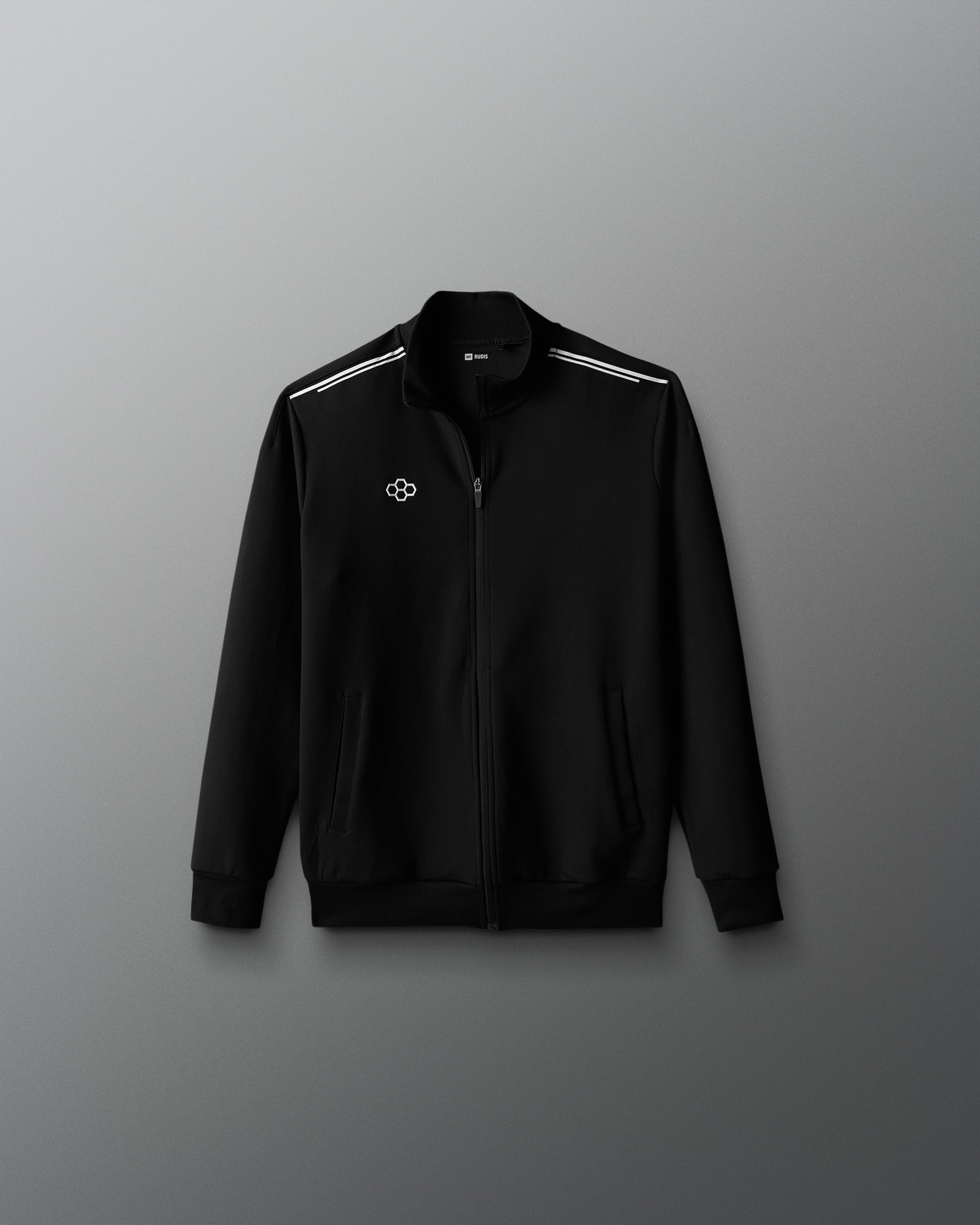 Black jacket with white stripes on a gray background