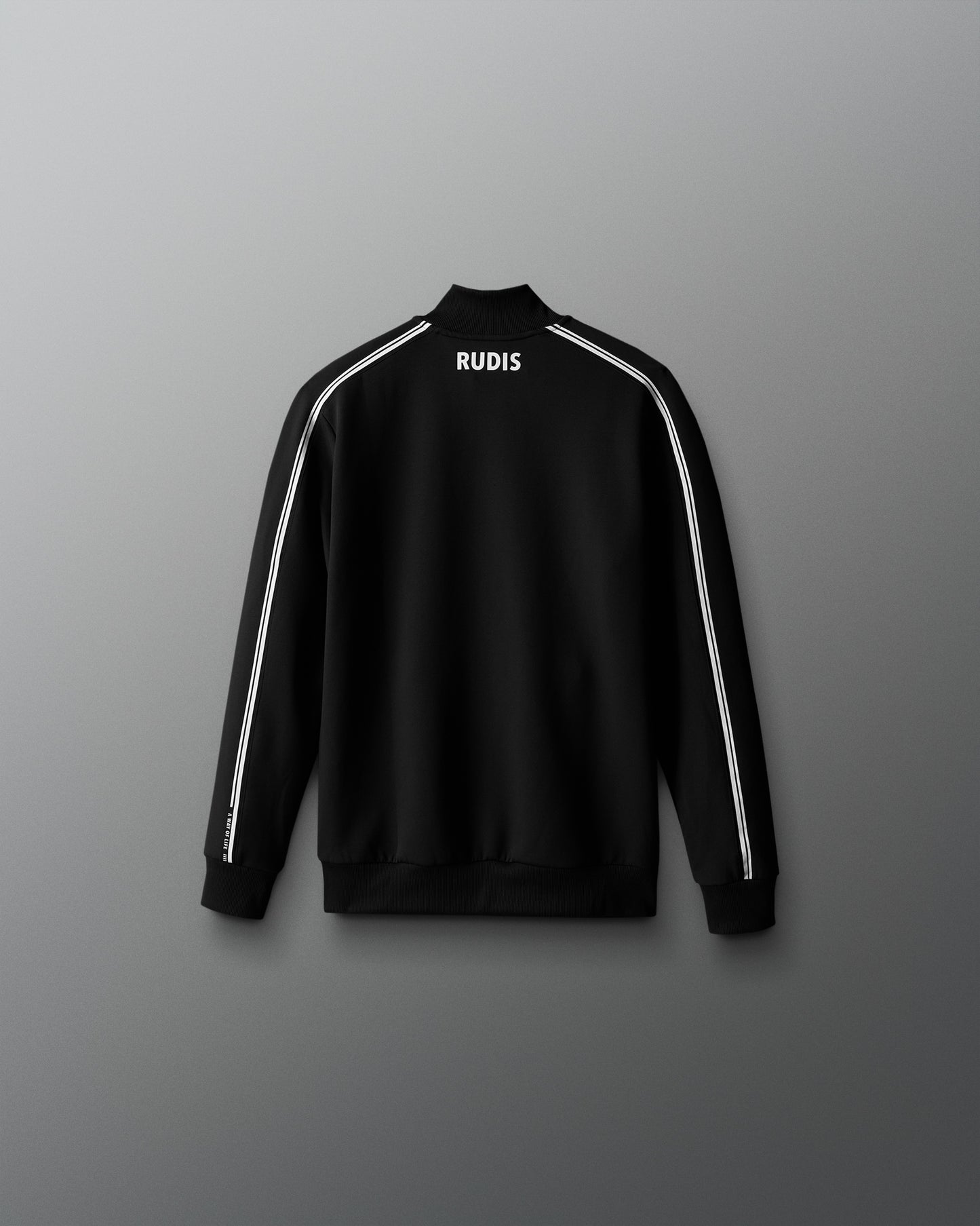 Black tracksuit with white stripes and 'RUDIS' branding on a gray background