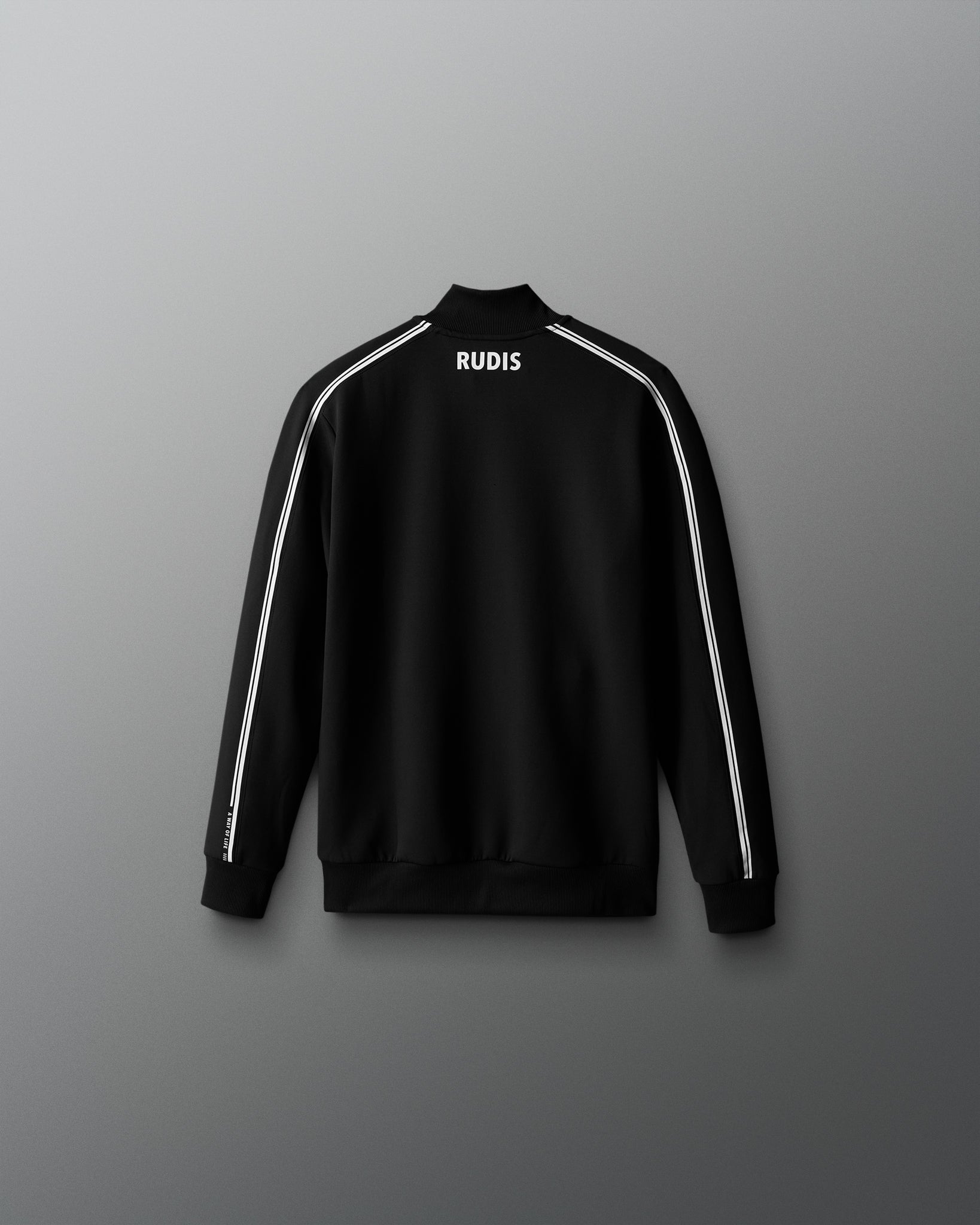 Black tracksuit with white stripes and 'RUDIS' branding on a gray background