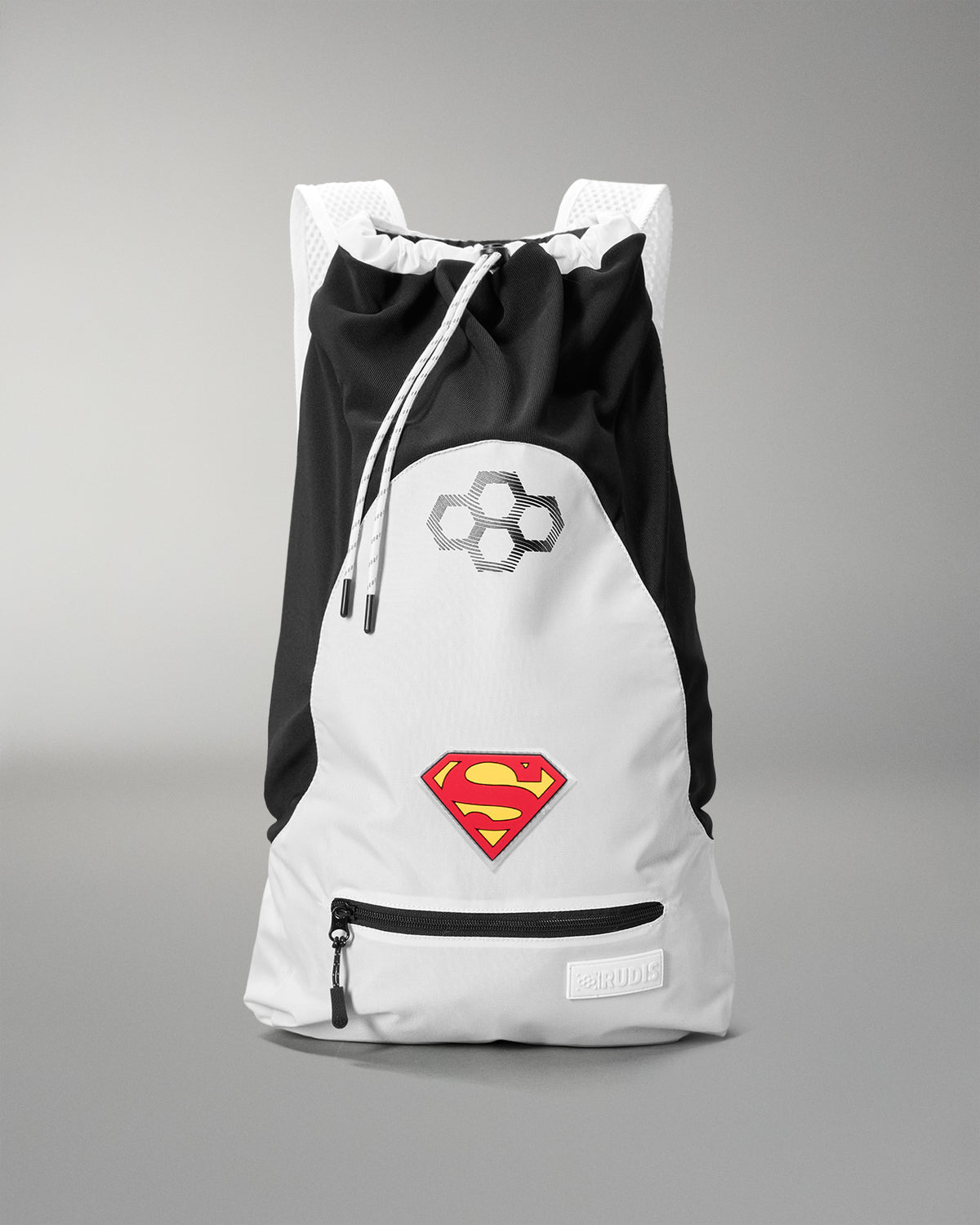 Front view of the RUDIS Superman Double Cinch wrestling backpack featuring a Superman shield logo, drawstring closure and zip pocket.
