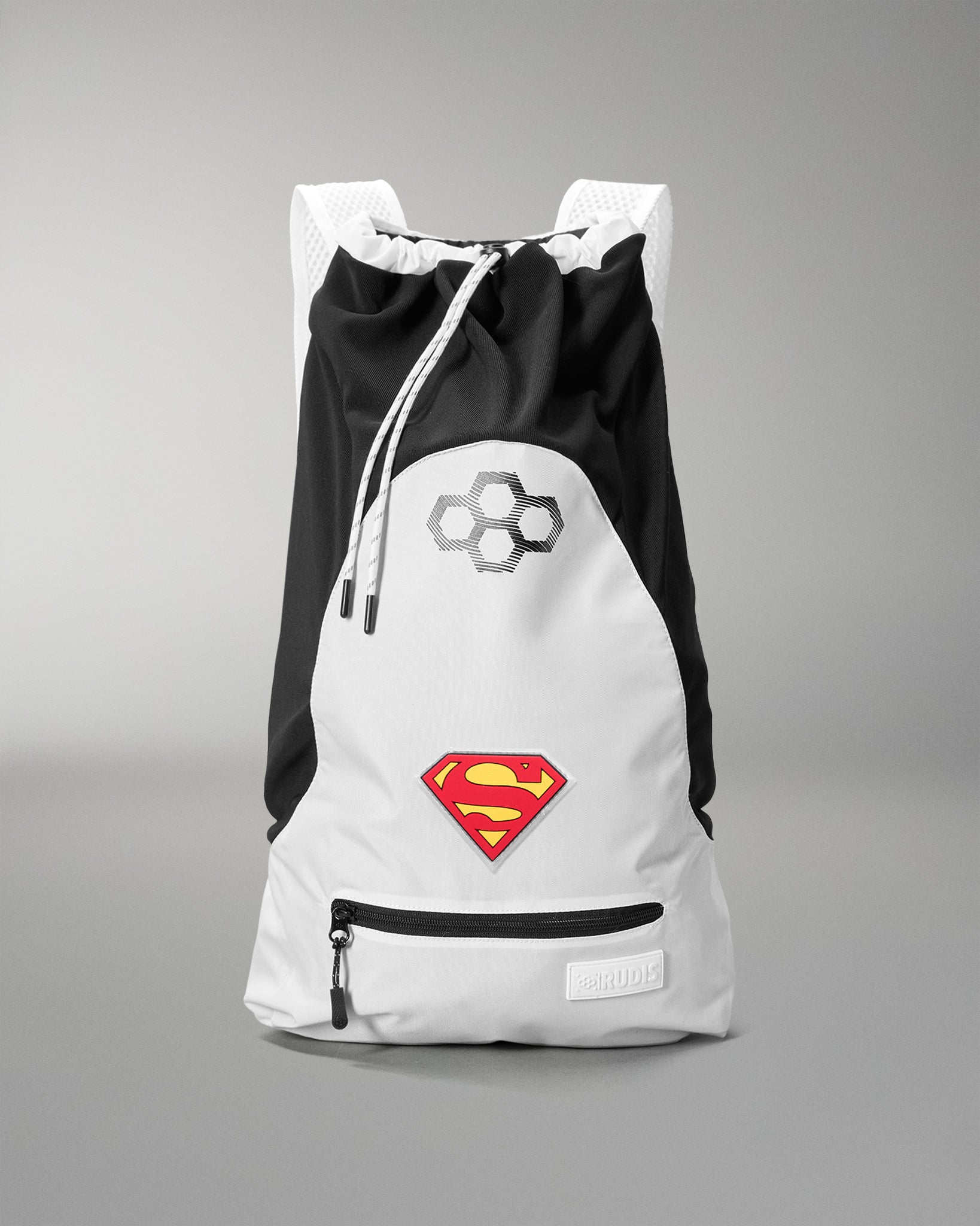 Front view of the RUDIS Superman Double Cinch wrestling backpack featuring a Superman shield logo, drawstring closure and zip pocket.