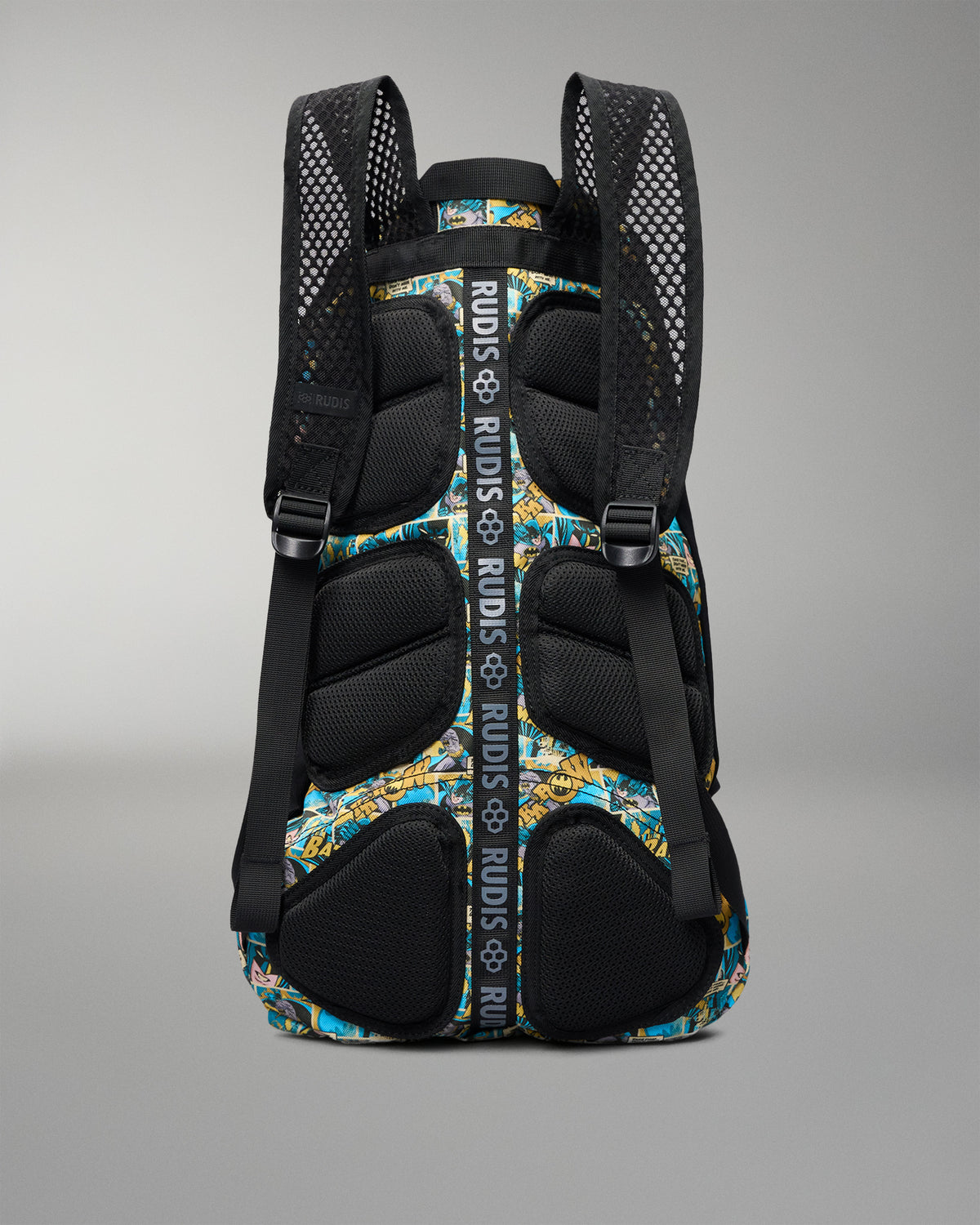 Back view of the RUDIS Batman Double Cinch wrestling backpack showing breathable mesh shoulder straps, padded back panels, and RUDIS logo webbing.