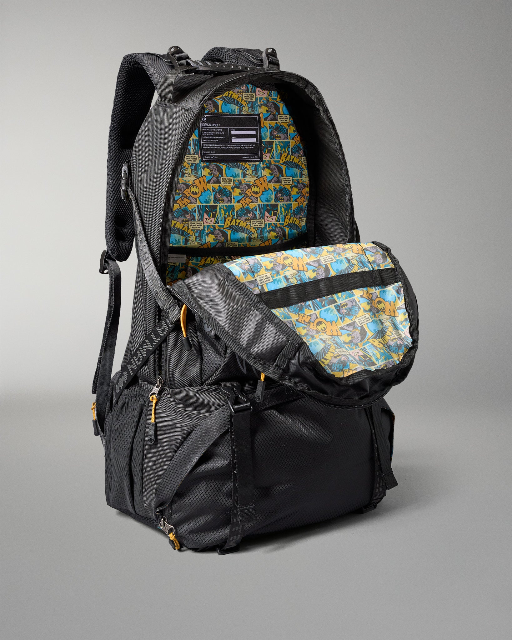 Black backpack with floral patterned compartments on a gray background
