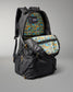 Black backpack with floral patterned compartments on a gray background