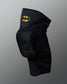 Front angled view of the RUDIS Batman Elite Cushion wrestling knee pad in black with protective padding and embroidered Batman logo.
