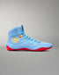 Side profile of RUDIS JB1 Superman wrestling shoe showing light blue mesh upper, yellow RUDIS logo and red traction outsole.