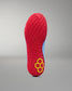 Bottom view of RUDIS JB1 Superman wrestling shoe showing the textured red outsole and yellow RUDIS logo.