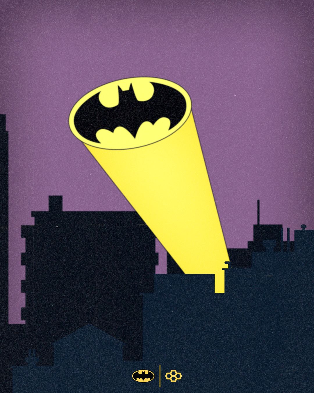 Yellow spotlight with Batman logo against a purple and black cityscape background