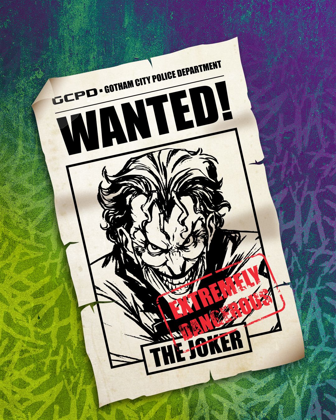 Wanted poster for The Joker with a colorful background
