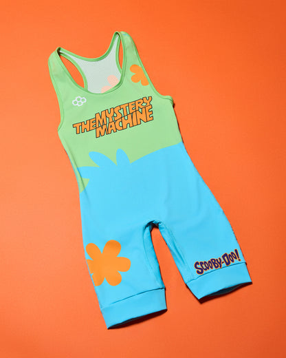 RUDIS Scooby-Doo Mystery Machine Elite 2.0 wrestling singlet laid flat on an orange background, featuring lime green and turquoise panels, orange flower graphics, Mystery Machine lettering, and Scooby-Doo logo.