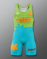 RUDIS Scooby-Doo Mystery Machine Elite 2.0 wrestling singlet front view featuring lime green and turquoise colors, orange flower graphics, Mystery Machine lettering, and Scooby-Doo logo.