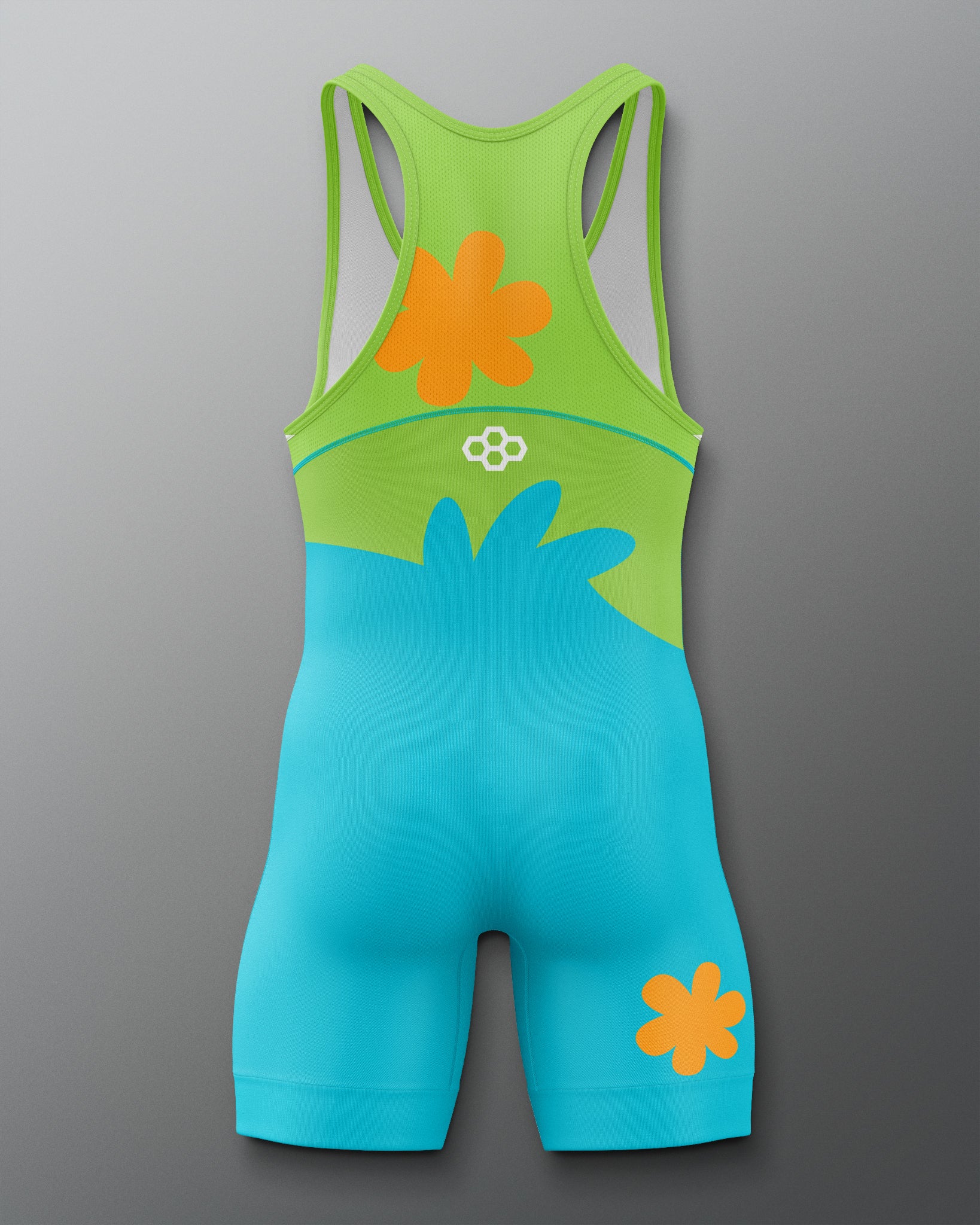 Back view of RUDIS Scooby-Doo Mystery Machine Elite 2.0 wrestling singlet featuring a lime green racerback, turquoise lower half, orange flower graphics, and white RUDIS logo.