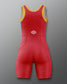 Back view of RUDIS Wonder Woman Logo Women's Elite 2.0 Wrestling Singlet in red, showing yellow trim, white RUDIS emblem, contoured seams and fitted wrestling silhouette.
