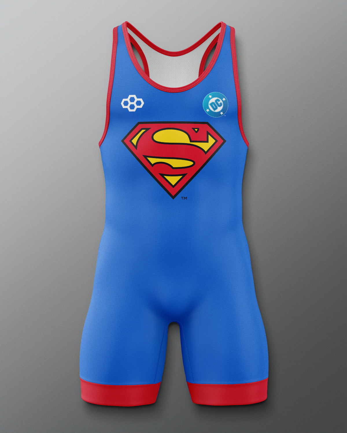 Front view of RUDIS Superman Logo Elite 2.0 Wrestling Singlet in blue with red trim and classic Superman shield graphic.