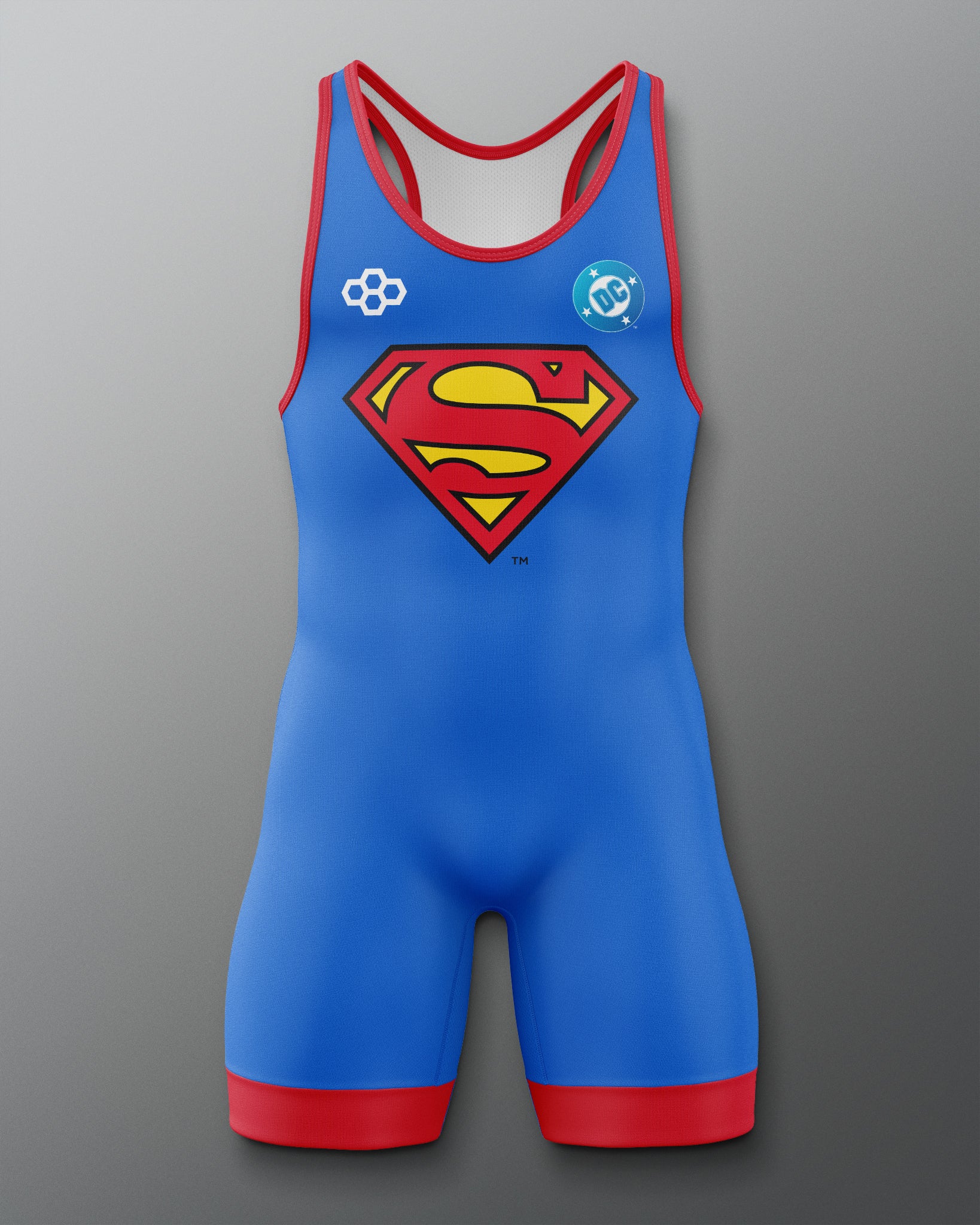 Front view of RUDIS Superman Logo Elite 2.0 Wrestling Singlet in blue with red trim and classic Superman shield graphic.