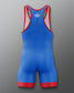Back view of blue RUDIS Superman Logo Elite 2.0 Wrestling Singlet with red trim and racerback construction.