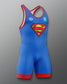 Angled view of RUDIS Superman Logo Elite 2.0 Wrestling Singlet featuring a blue design, red trim and Superman shield graphic.